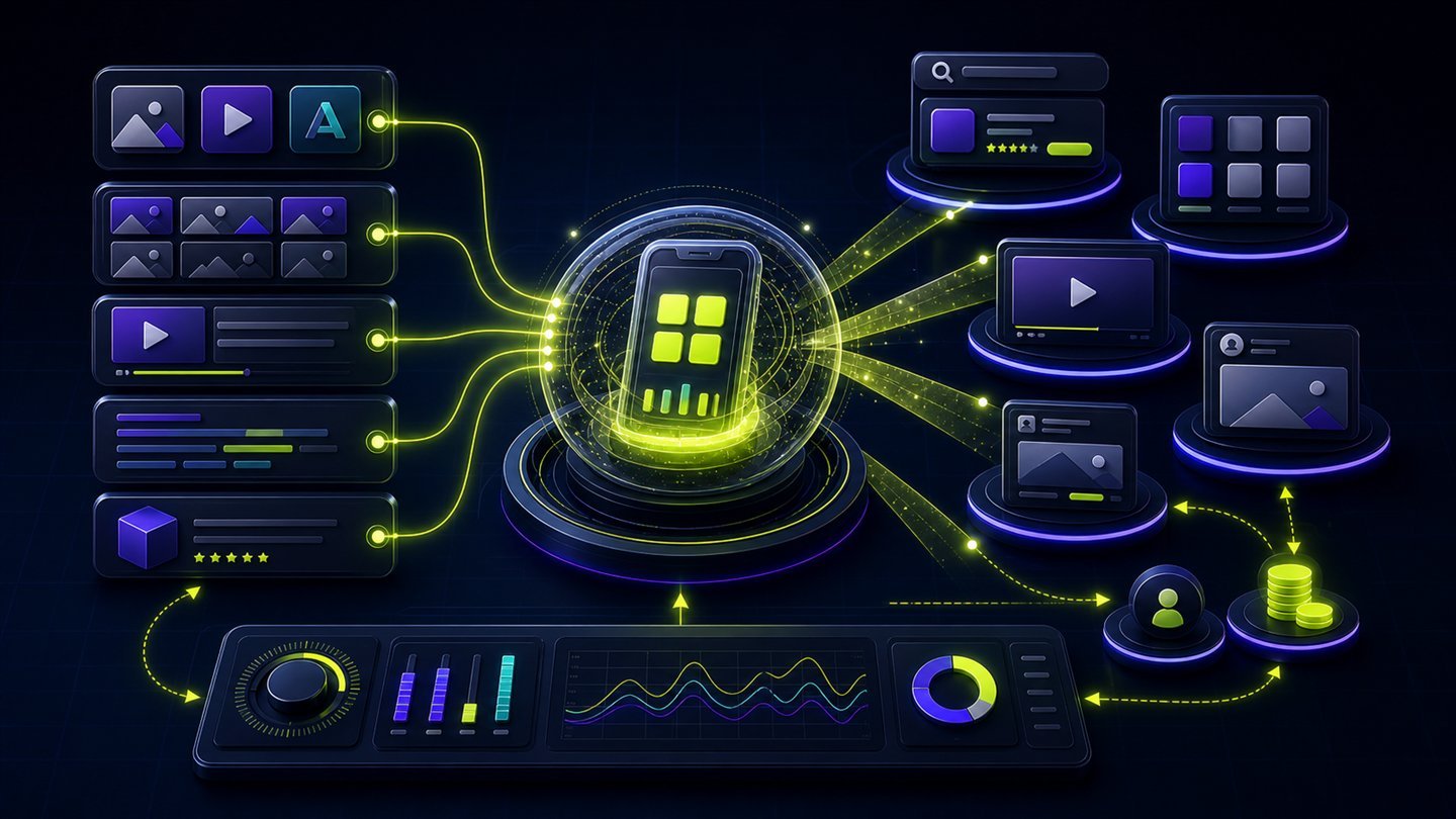 App creative assets flowing through automated optimization into search, store, video, feed and mobile placements