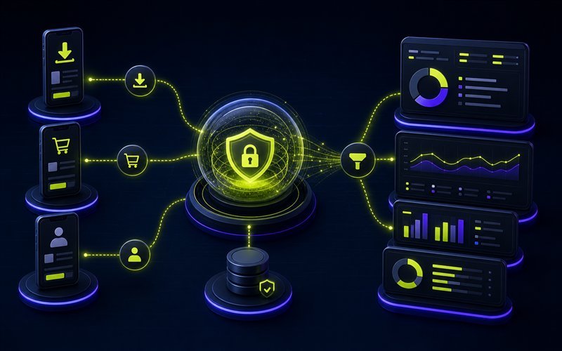 App events moving through privacy-safe measurement and attribution while deep links route users to relevant screens