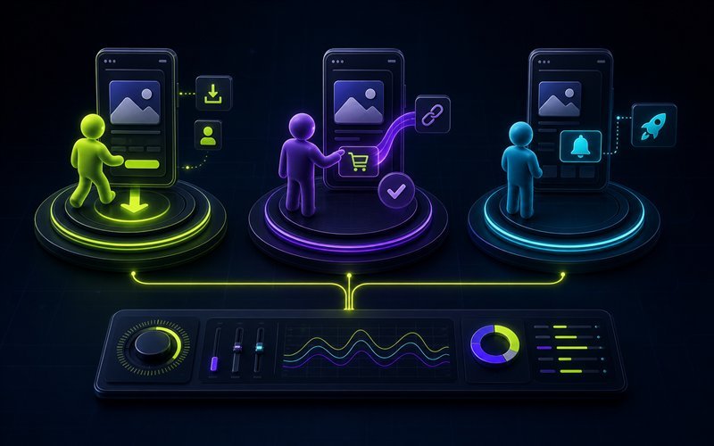 Three app campaign goals showing install, in-app engagement through a deep link, and Android pre-registration