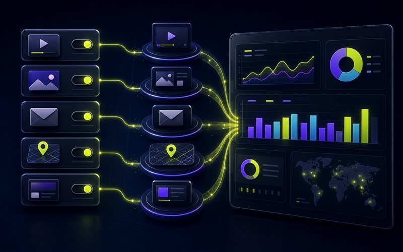 Visual advertising channels connected to channel controls and performance reporting