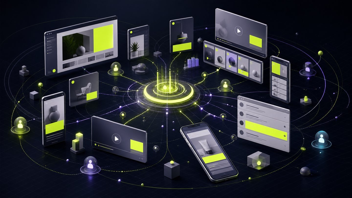 Abstract display advertising ecosystem connecting ads across websites, apps and video surfaces