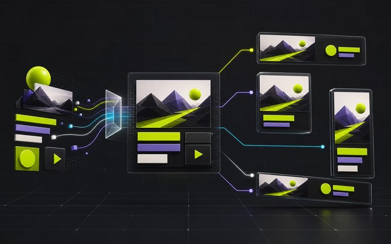 One creative asset set adapting into multiple responsive display ad sizes