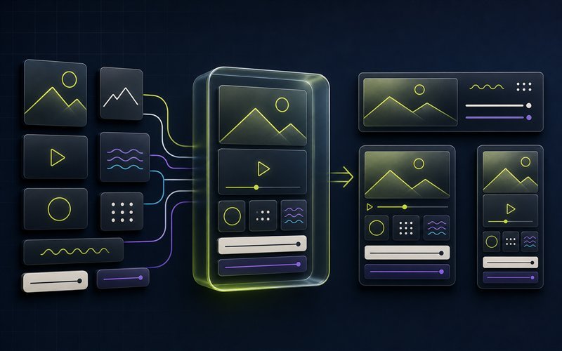 Creative images, video and text shapes organized into one asset group and adapted into multiple ad formats
