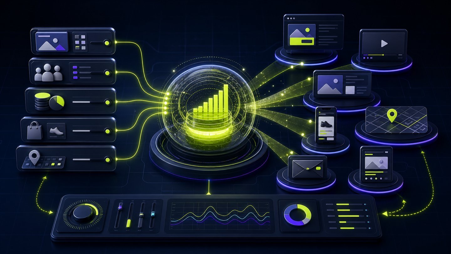 Advertiser goals, creative and commerce inputs flowing through optimization into multiple advertising channels