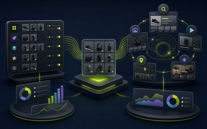 One product catalog splitting into controlled shopping management and broader multi-channel delivery