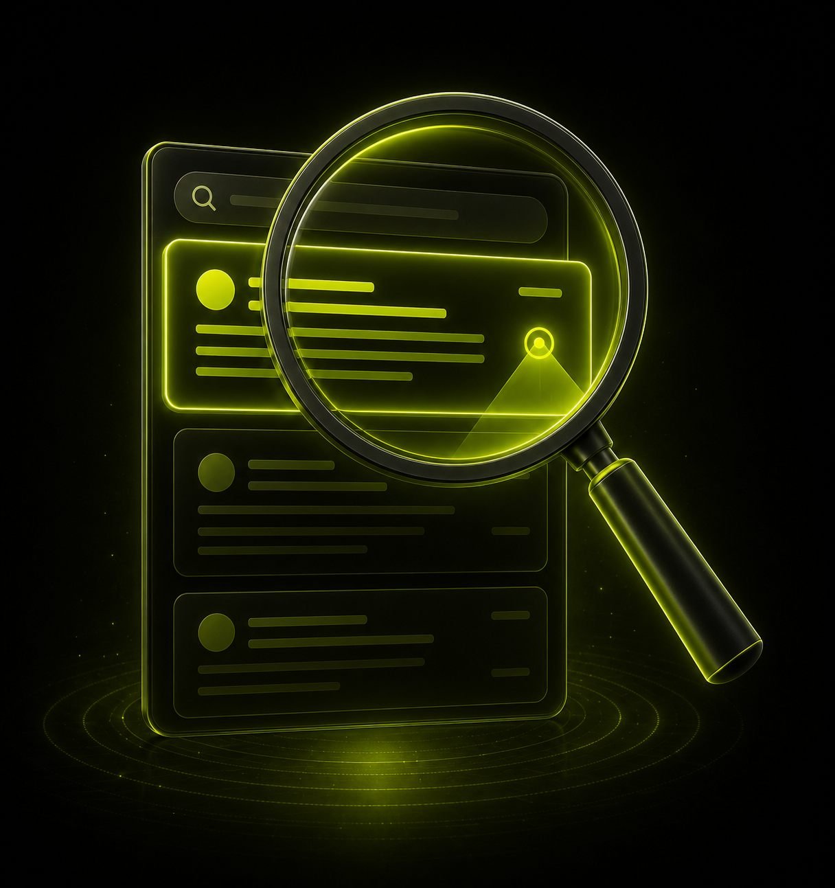 A luminous search interface explored through a magnifying glass