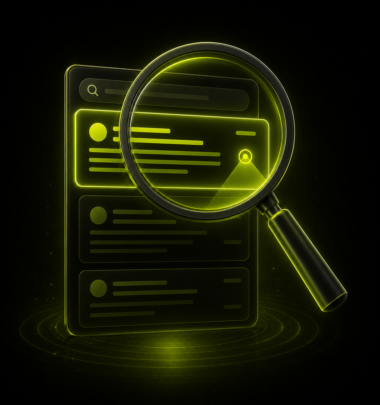 A luminous search interface explored through a magnifying glass