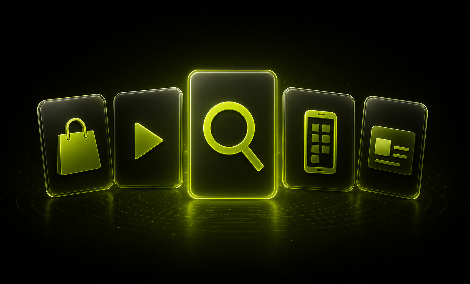 A connected set of luminous Google Ads channel cards